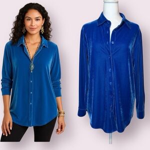 Soft Surroundings Royal Blue Velvet Button Up Top Boyfriend Fit Petite Medium
